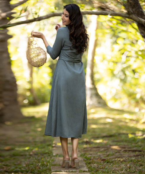 Slate Grey Elegant Buttoned Shirt Linen Dress