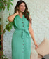 Front Buttoned Vneck Linen Dress