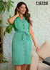 Front Buttoned Vneck Linen Dress