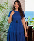 Puffed Sleeve Linen Blue Dress