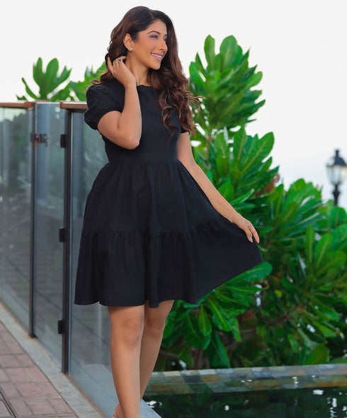 Black Puffed Sleeve Mini Dress