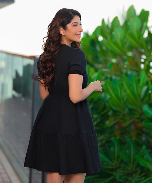 Black Puffed Sleeve Mini Dress