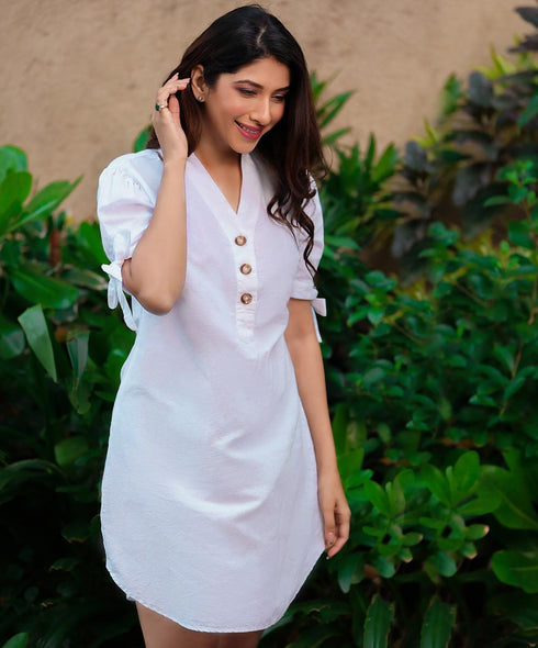 Sleeve Tie Up Front Buttoned Dress