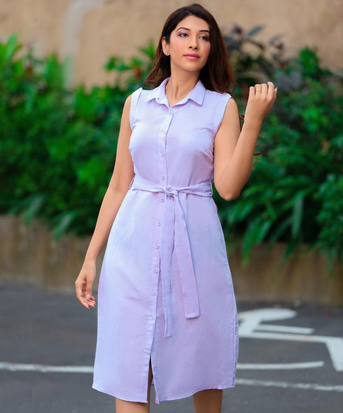 Simple Waist Tie Front Buttoned Dress