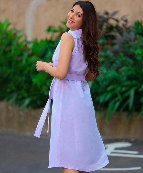 Simple Waist Tie Front Buttoned Dress