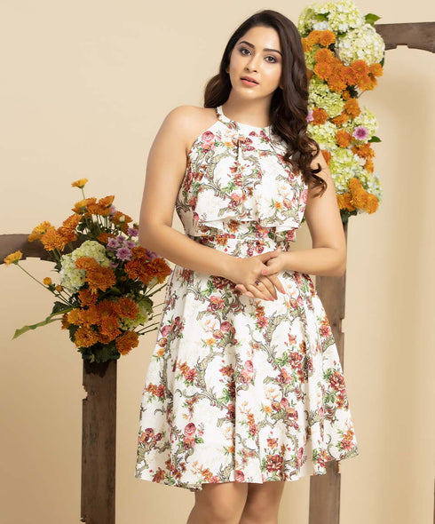 Floral Halter Neck Chiffon Dress