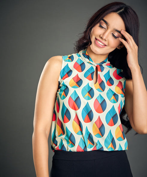 Twisted Neck Sleeveless Green Printed Top