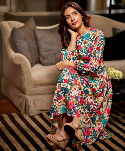 Floral Printed Long Sleeve Midi Dress