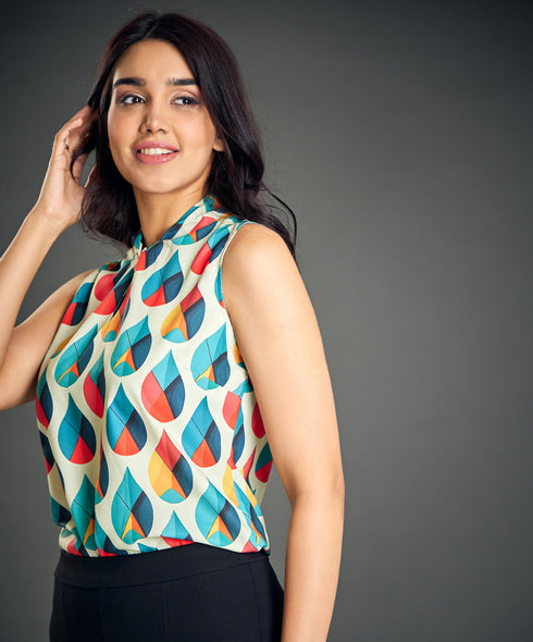 Twisted Neck Sleeveless Green Printed Top