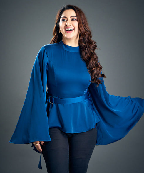 Trumpet Sleeve Dark Blue Satin Blouse