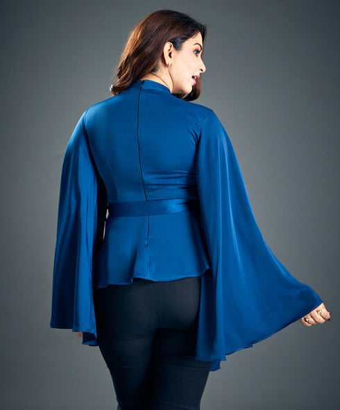 Trumpet Sleeve Dark Blue Satin Blouse