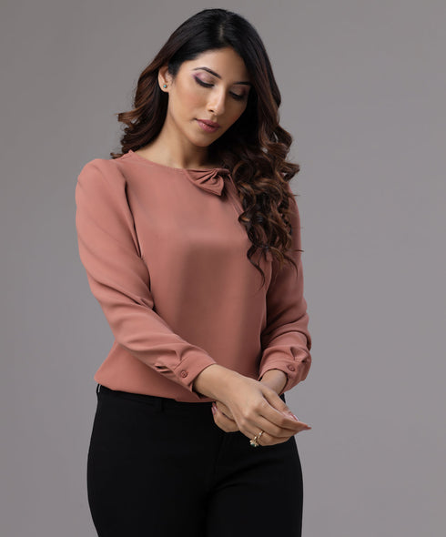 Front Bow Neck Detailed Brown Top