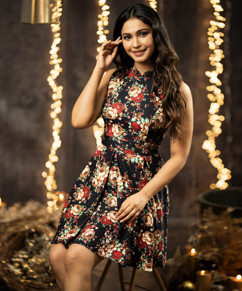 Dark Floral Roses Printed Mini Dress