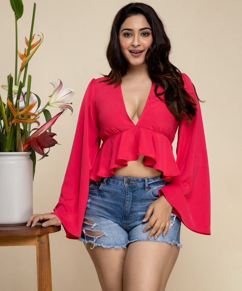 Hot Pink Sleeve Flared Crop Top
