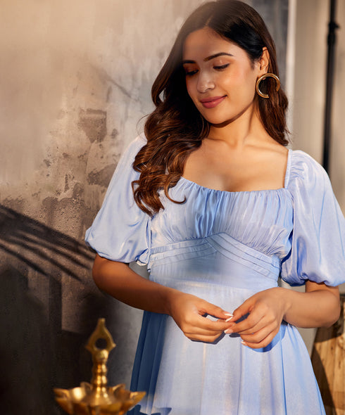 Off-Shoulder Tie-Back Blue Dress