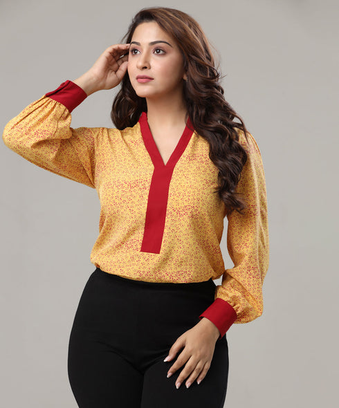 Long Sleeve Contrast Detailed Printed Top