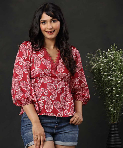 Floral Print Lace Trim Blouse