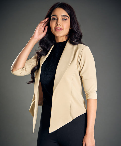 Front Open Beige Work Office Blazer