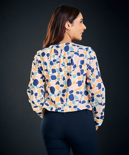 Zipper Opened Half Sleeve Printed Top