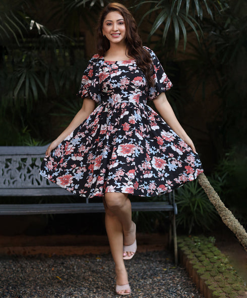 Puffed Sleeve Cotton Mini Dress