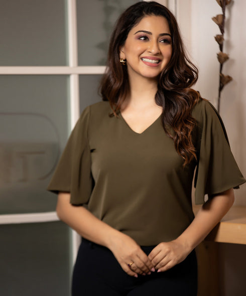 Green V Neck Butterfly Sleeve Top