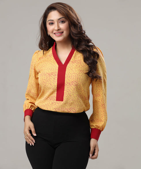 Long Sleeve Contrast Detailed Printed Top