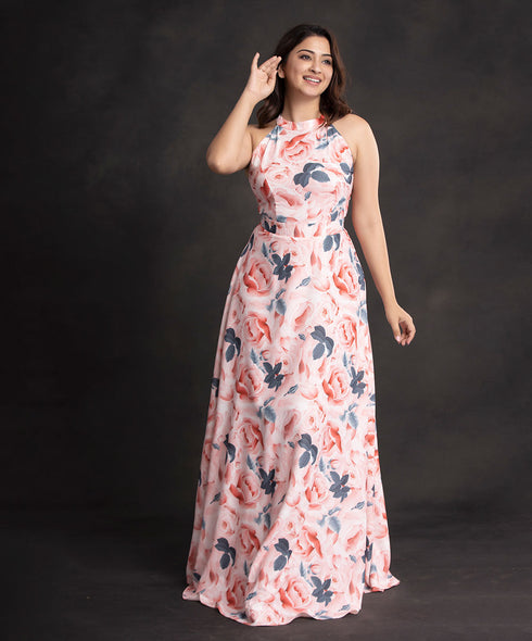 Pink Rose Halter Neck Maxi