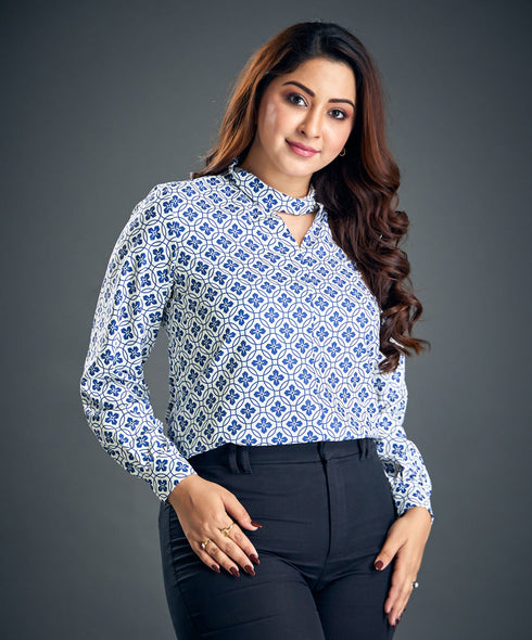 Blue Floral Printed Chiffon Neck Top