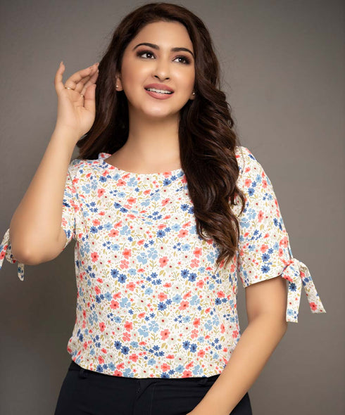 Oval Neck Sleeve Tie Floral White Top