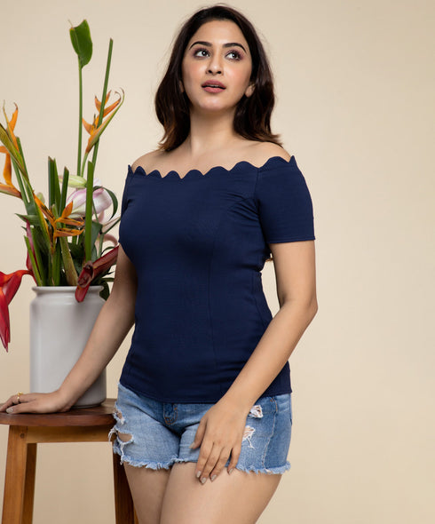 Blue Scalloped Off Shoulder Top