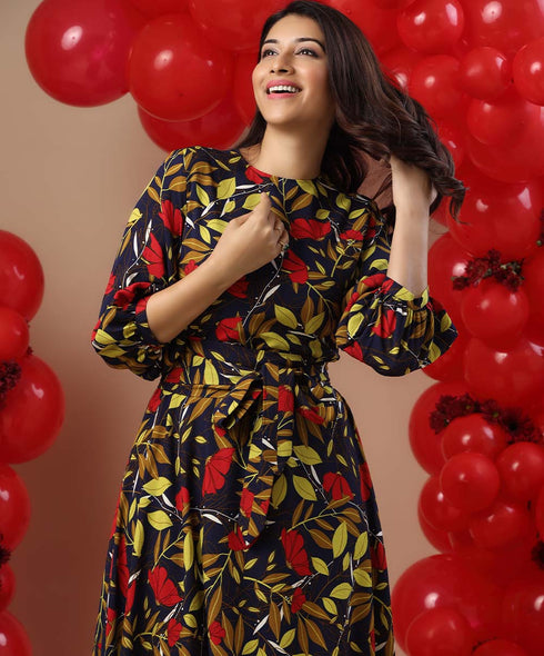 Balloon Sleeved Printed Maxi Dress