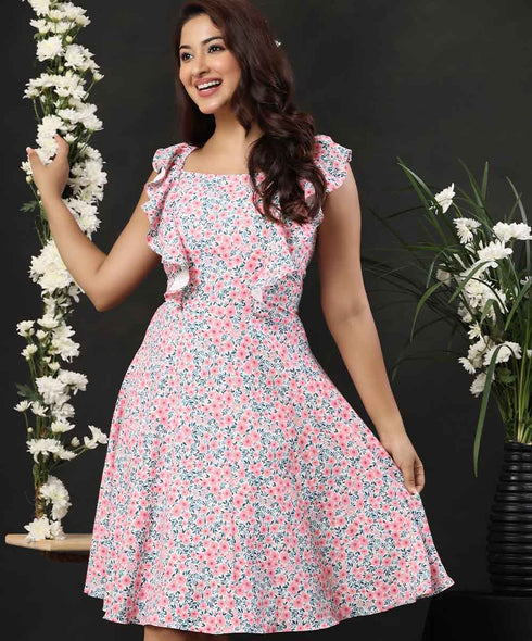 Square Necked Printed Sleeve Frilled Dress