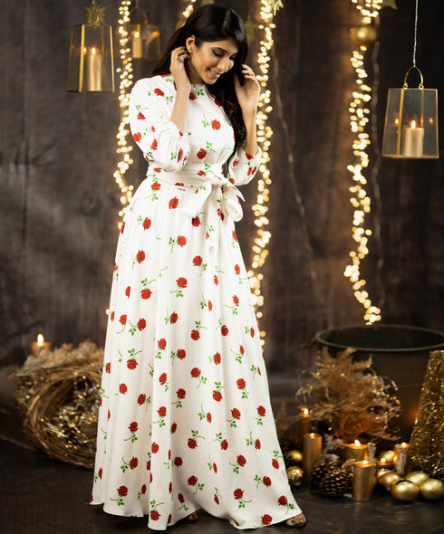 Red Single Rose Printed Maxi