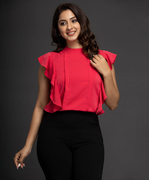 Hot Pink Front Pleated Frilled Sleeve Top