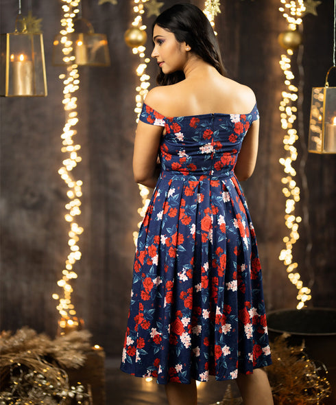 Blue Floral Princess Off Shoulder Midi Dress