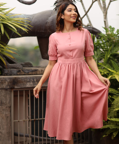 High-Square Neck Midi Linen Pink Dress