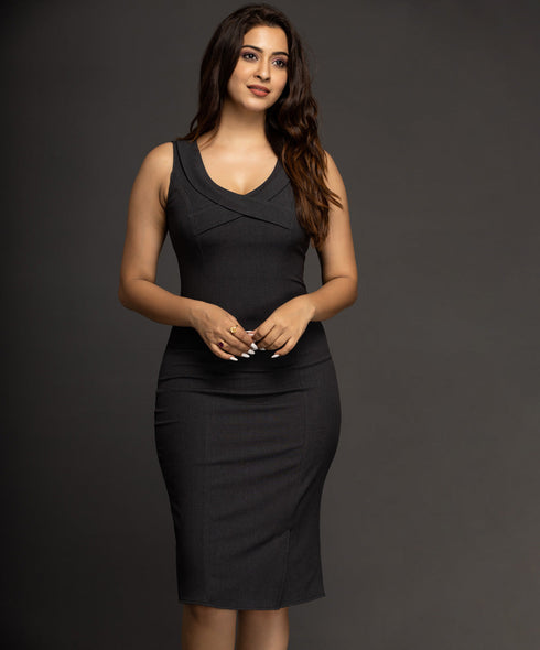 Grey Scoop V Neck Bodycon Dress