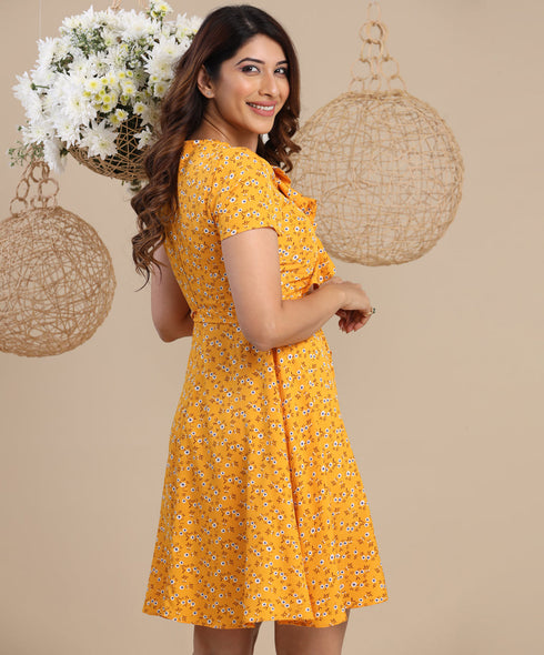 Front Vneck Frilled Short Sleeve Dress