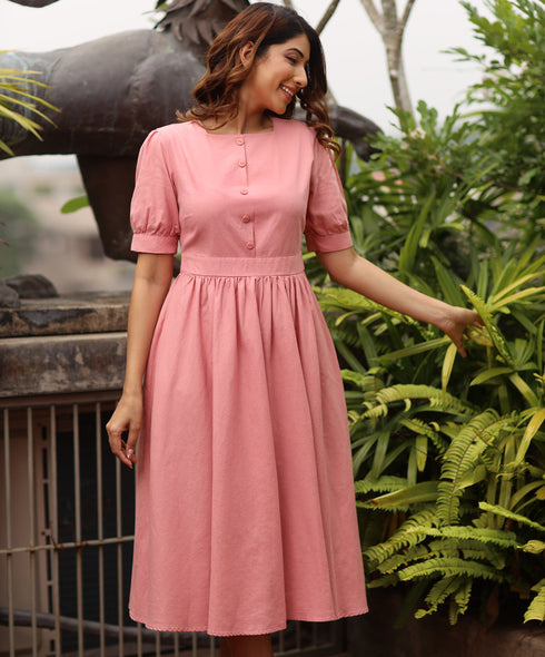 High-Square Neck Midi Linen Pink Dress