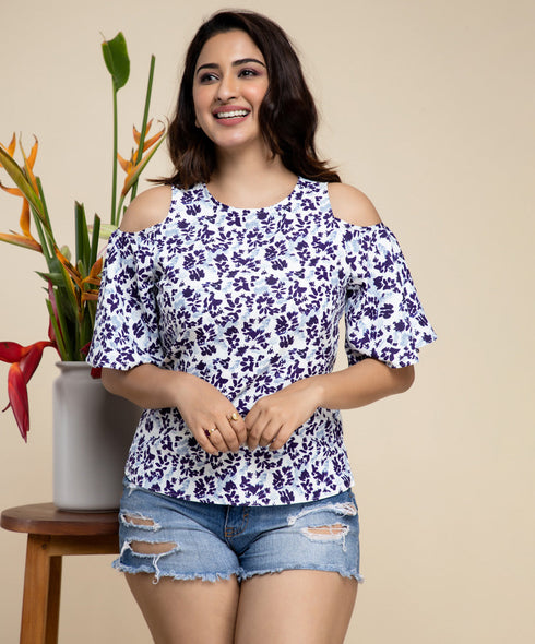 Blue Printed Floral Cold Shoulder Top