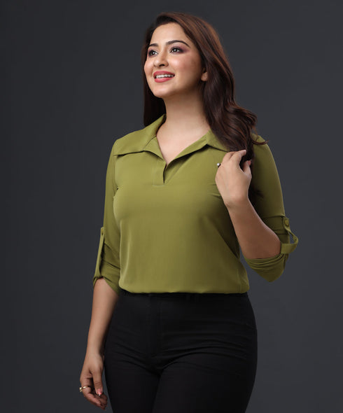 Open Collar Solid Chiffon Green Blouse