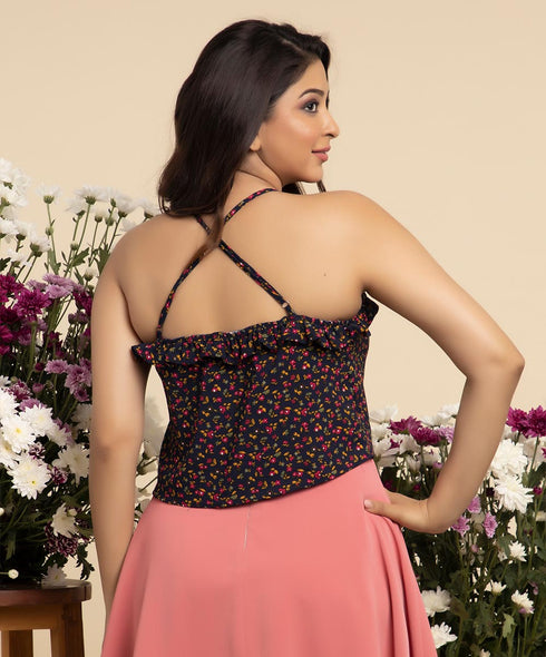 Sleeve Strap Frilled Round Neck Top