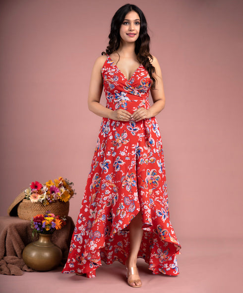 Red Frilled Maxi Floral Dress