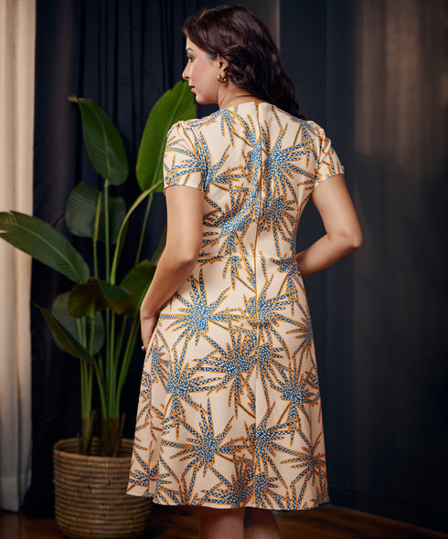 Round Neck Side Buttoned Beige Dress