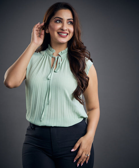 Sleeveless Pleated Chiffon Olive Top