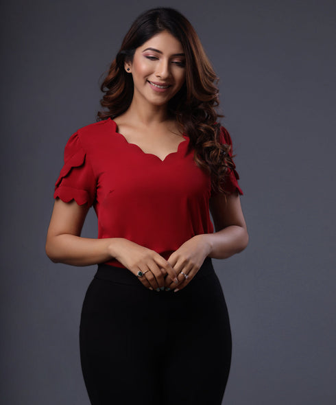 Scalloped Detailed Maroon Chiffon Top