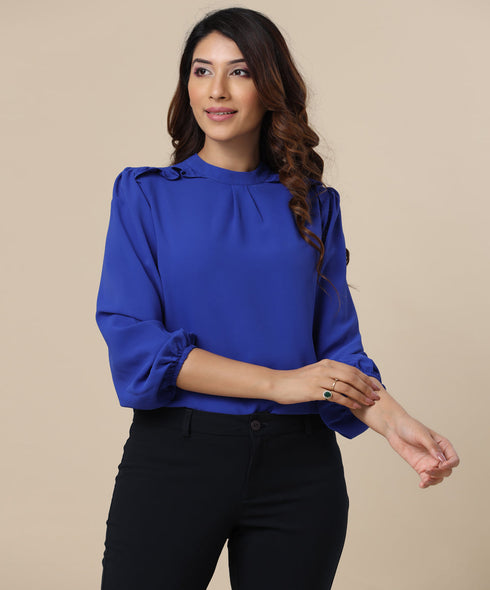 Long Sleeve Neck Band Blue Top