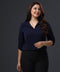 Open Collar Solid Chiffon Navy Blouse