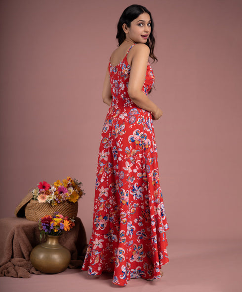 Red Frilled Maxi Floral Dress