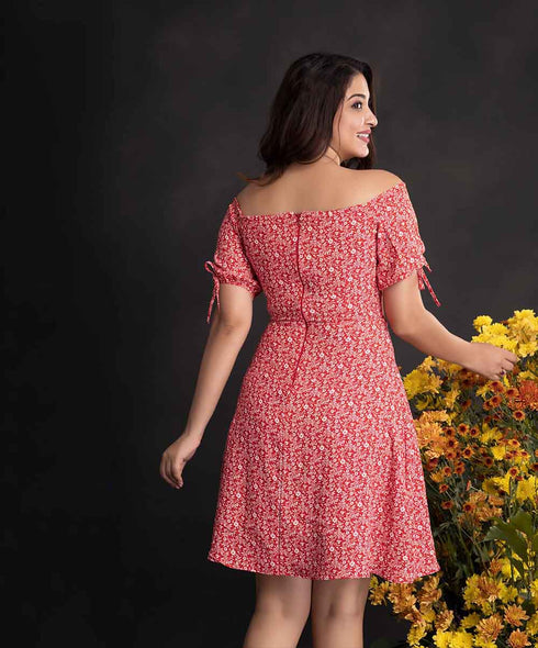 Red Off Shoulder Printed Mini Dress